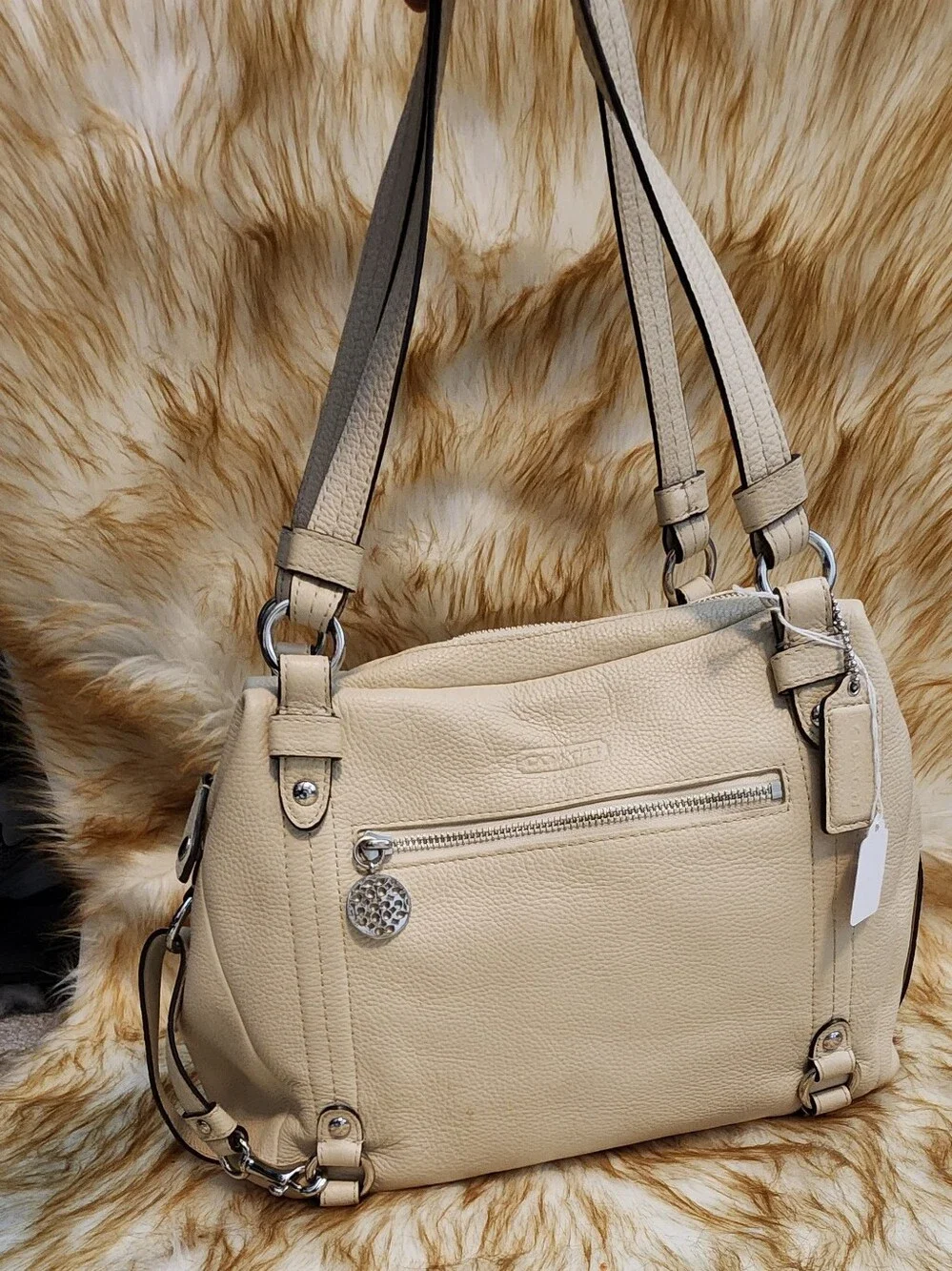 Coach Pebbled Leather Shoulder Bag in Light Beige